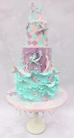 a three tiered cake with blue and pink icing