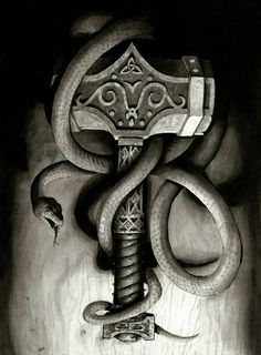 the hammer and snake are depicted in this black and white drawing by artist mark stewart