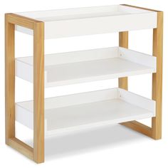 a white shelf with two shelves on each side and measurements for the bottom half of it