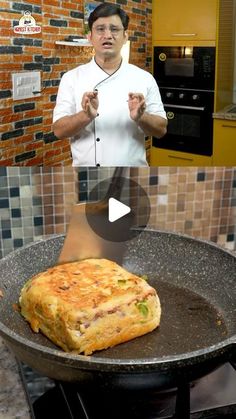 a man standing in front of a frying pan with food on top of it