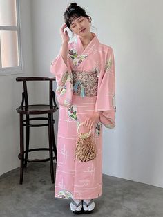 Japanese Style Elaborate Printed Yukata, Raised Woven Brocade, Waistband With Tassels, Two Color Tassel Belt Set, Improved Yukata Pink Casual  Long Sleeve Woven Fabric Plain,Plants,All Over Print  Non-Stretch  World Apparel, size features are:Bust: ,Length: ,Sleeve Length: Cute Yukata, Pink Yukata, Kimono Outfit Japanese, Yukata Outfit, Cherry Blossom Kimono, Pretty Kimonos, Kimono Traditional, Japanese Traditional Clothing, Cute Kimonos