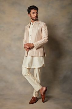 Buy Pink Polyester Embroidered Floral Bandhgala And Kurta Set For Men by Gargee Designers Online at Aza Fashions. Bandhgala With Kurta, Kurta With Jodhpuri Jacket, Kurtha Pyjamas For Men Wedding, Wedding Kurta For Men Sherwani, Open Kurta Men, Nikkah Outfit For Men, Jodhpuri Kurta Pajama Men, Nikkah Outfit Men