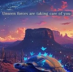 an image of a turtle that is in the middle of a desert with mountains and stars