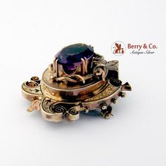 Antique Victorian Locket Pendant Brooch 14 K Gold Amethyst Enamel Antique Purple Brooches For Formal Occasions, Antique Purple Formal Brooches, Antique Hallmarked Purple Brooches, Antique Purple Hallmarked Brooches, Ornate Gemstone Brooches For Collectors, Victorian Locket, Seed Pearl, Locket, Rings For Men