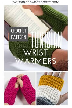 two photos with text that says, crochet pattern tunisan wrist warmers