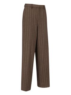 Remain tailored pinband pants in a brown wool blend with white striped details, belt loops, button and zipper closure, two back welt pockets, and a straight hem. composition: 73% wool, 25% polyester, 2% elastanesize and fit: adjustComposition: 73% Wool, 25% Polyester, 2% Elastane