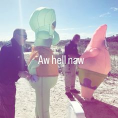 three people standing on the beach with inflatable objects around them that say aw hell naw