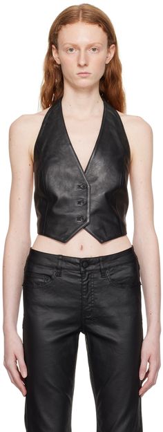 Grained lambskin vest. · Adjustable press-stud halter neck · Button closure · Low back · Logo embroidered at side seam and back · Adjustable cinch fastening at back hem · Full plain-woven lining Supplier color: Black Leather Vest, Press Studs, Low Back, Luxury Streetwear, Logo Embroidered, Daily Outfits, Halter Neck, Perfect Clothing, Outfit Accessories