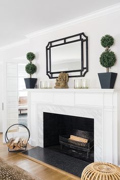 a living room with a fire place, mirror and potted plants on the mantle