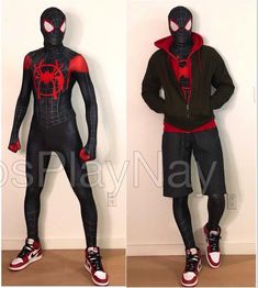 two pictures of a spider man in black and red with his hands on his hips