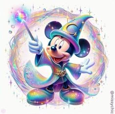 a mickey mouse with a wizard hat on and holding a wand in his hand, surrounded by stars