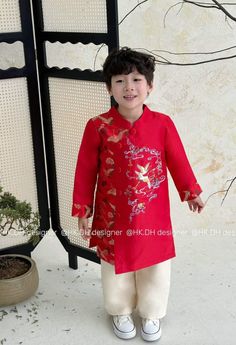 This is an embroidered boy ao dai in yellow color and red color.  TOP ONLY.  Material: Vintek / gam fabric. NO STRETCH.  Pls take a look at the size chart before placing your order or inbox us if you have any questions bc we DO NOT ACCEPT RETURN or EXCHANGED. Thanks Embroidered Long Sleeve Ao Dai For Festive Occasions, Festive Long Sleeve Embroidered Cheongsam, Traditional Yellow Ao Dai With Long Sleeves, Kid Kid, Lunar New Year, Boy Baby, Lunar New, Orlando Fl, Kids Tops