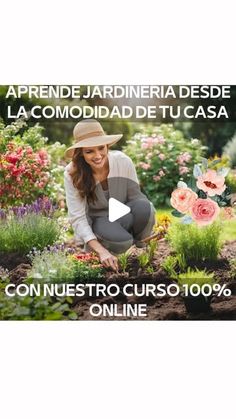 a woman kneeling down in the middle of a garden with flowers and plants around her