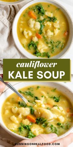 two bowls filled with cauliflower kale soup