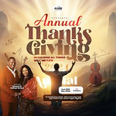 an advertisement for the annual thanksgiving giving event with two people standing in front of music instruments