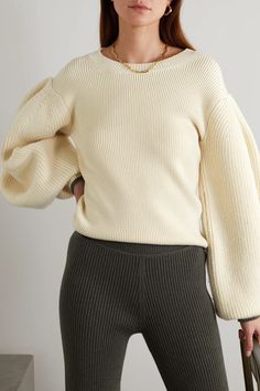 Cream Wool-blend sweater | LOEWE | NET-A-PORTER Green Wool, Wool Blend Sweater, Lantern Sleeves, Grey Leather, Leather Slip Ons, Black Friday Sale, Net A Porter, Women Collection, Wardrobe Staples