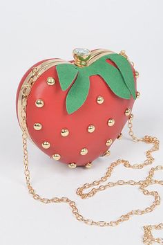 Crab Clutch/Crossbody Bag Red Bag w/ Gold Studs Gold Chain & Hardware Chain Is Removable Latch Closure 5"w x 5"h x 1.5"d Polyurethane Strawberry Snap, Strawberry Purse, Snap Purse, Novelty Handbags, Strawberry Wine, Studded Clutch, Red Bag, Heart Sunglasses, Novelty Bags