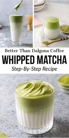 the steps in how to make whipped matcha for cupcakes and desserts