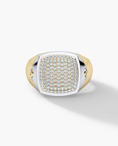 We will send you a size verification email once the purchase is completed. The BETZ two-tone gold signet ring with 0.70ct. pave diamonds is a treasure with a flat top surface designed with silky smooth sides worthy of engraving or simply enjoying the simplicity of the Rockford signature screw design. Again with maximum flexibility of any design, both our signets are designed with individuality and creative freedom in mind. The BETZ, available in multiple variations, can easily transform into a p White Gold Pave Setting Signet Ring For Promise, White Gold Signet Ring With Diamond Accents, Fine Jewelry White Gold Signet Ring With Diamond Accents, White Signet Ring With Diamond Accents, White Signet Ring With Diamond Accents In Fine Jewelry, White Signet Ring With Diamond Accents For Anniversary, Yellow Gold Cubic Zirconia Signet Ring With Pave Setting, White Diamond Signet Ring For Anniversary, Anniversary Diamond White Signet Ring With Pave Setting