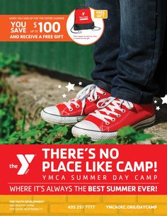 an advertisement for the summer camp with red shoes and green grass in front of it