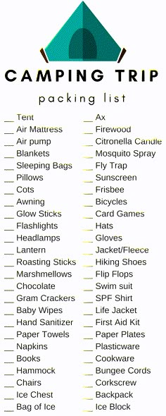 the camping list is shown in black and white, with text that reads camping trip packing list