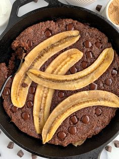 chocolate cake with banana slices in a skillet