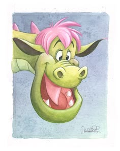 a drawing of a green dragon with pink hair on it's head and mouth