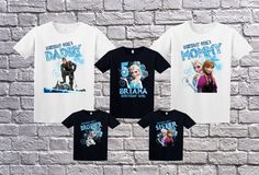 three t - shirts with frozen princess characters on them, against a brick wall background