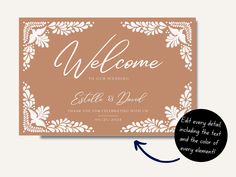 the wedding welcome card is shown with an arrow pointing up to it's left side