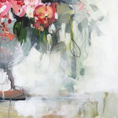 an abstract painting of flowers in a vase on a table with white and pink colors