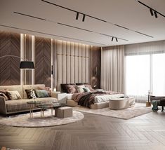 a modern bedroom with wood paneled walls and flooring, along with large windows