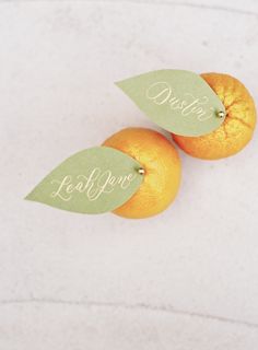 two oranges with green leaf tags on them