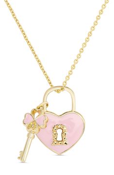 Charming heart and lock pendants are suspended from an elegant chain plated in 18-karat gold. Adult supervision strongly recommended; jewelry presents choking hazard and should be removed when infant or small child is unattended 14" length; 2" extender; 5/8"W x 3/4"L pendant Lobster clasp closure 18k-gold plate/enamel Imported Kids' Wear Item ships in a gift box Lock Pendant, Heart Lock, Lock Necklace, Jewelry Accessories Ideas, Girls Style, Key Necklace, Girly Jewelry, Jewelry Inspo, Girls Jewelry