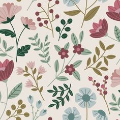 an image of flowers and leaves on a white background for wallpaper or fabric design