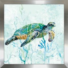 a painting of a turtle swimming in the ocean