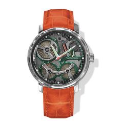 This 43.5mm timepiece by Accutron Spaceview is a limited release collection introduction featuring an interchangeable orange authentic Alligator leather strap.  An iconic timepiece featuring a gravity based electrostatic movement. Accutron Spaceview, Bulova Accutron, American Alligator, Save Power, Limited Edition Watches, Green Accents, Luxury Watches For Men, Stainless Steel Watch, Breitling Watch