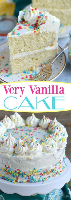 very vanilla cake with white frosting and sprinkles