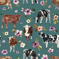 cows and flowers on a purple background