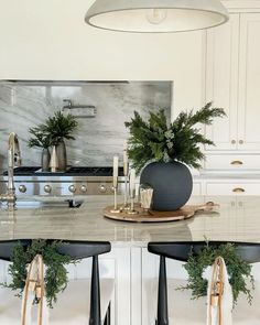 Mcgee And Co Christmas Decor, Winter Kitchen Island Decor, Christmas Decor Ideas For Kitchen Island, Chair Wreaths, Mcgee Christmas, Megan West, White Gingerbread House, Kitchen Outside