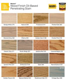 wood finish oil - based penetrating stain chart with different colors and sizes, including white oak,