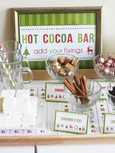 hot cocoa bar with marshmallows, pretzels and candy canes