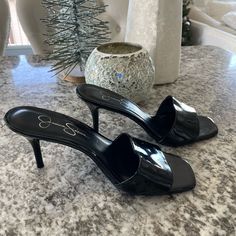 Jessica Simpson Kitten Heel Sandal Size 7 Never Worn! Slip-on Patent Leather Sandals For Party, Classic Black Sandals For Party, Classic Slip-on Sandals For Party, Kitten Heel Sandals, Jessica Simpson Shoes, Heel Sandal, Kitten Heel, Heel Sandals, Jessica Simpson