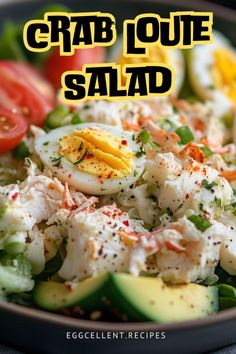 a salad with hard boiled eggs, tomatoes and cucumbers is shown in the foreground