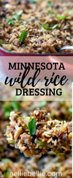 a close up of a spoon with food on it and the words minnesota wild rice dressing