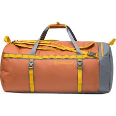 an orange and grey duffel bag with yellow straps on the bottom is sitting upright