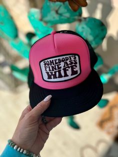 Somebody’s Fine A$$ Wife Cap is bright and ready for some summer fun! Would make a fun bachelorette gift. Snap back Trendy Female Snapback Hat With Curved Bill, Bachelorette Party Adjustable Trucker Hat, Adjustable Trucker Cap For Bachelorette Party, Adjustable Trucker Hat For Bachelorette Party, Fun Flat Brim Baseball Cap, Fun Curved Bill Baseball Cap, Curved Brim Baseball Cap For Parties, Gift Snap, Bachelorette Gift