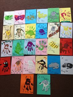 the children's handprints are arranged in squares with different animals on them