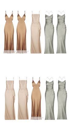 six dresses in different colors and sizes, all with straps on the back one side has an asymmetrically shaped neckline