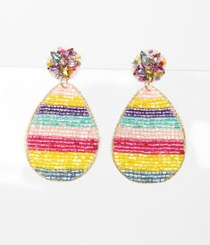 These adorable earrings are crafted in rainbow colored beads and set in the shape of eggs, complete with post backs. Available while supplies last. Cheap Rainbow Beaded Drop Earrings, Rainbow Beaded Earrings With Round Beads, Rainbow Earrings With Colorful Beads, Beaded Rainbow Drop Earrings, Rainbow Colorful Beads Drop Earrings, Beaded Drop Earrings, Cute Earrings, Unique Vintage, Rainbow Colors