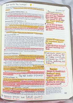 an open bible with colorful writing on the pages and words in different languages written below